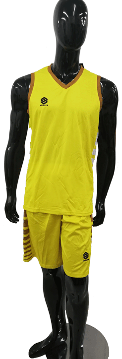 UNIFORME DE BALONCESTO - AMARILLO CON CHOCOLATE Y RALLAS BLANCAS