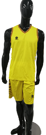 UNIFORME DE BALONCESTO - AMARILLO CON CHOCOLATE Y RALLAS BLANCAS