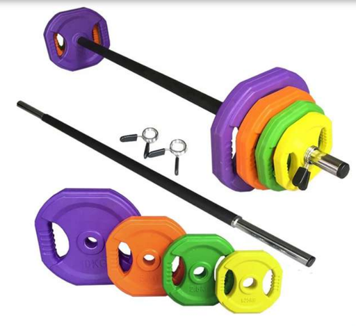 [SPIE-GX24-40KG] COLOR BARBELL SET 40KG - BARRA + DISCOS DE HIERRO FORRADOS DE POLIURETANO CON AGARRES TEXTURIZADOS