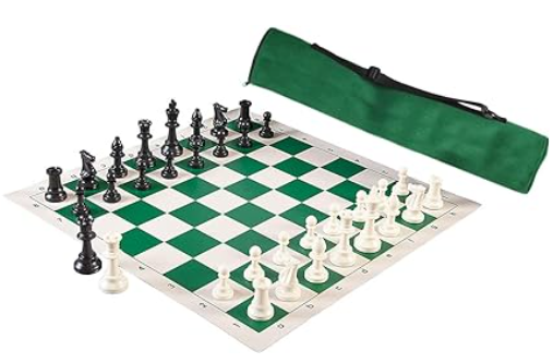 [SPIE-CN-CHSET] SET DE AJEDREZ - piezas de ajedrez estándar king 3.75" y doble reina + tablero de ajedrez de vinilo 20''X20'' + maletín de lona 54cm de largo x 9cm de diámetro