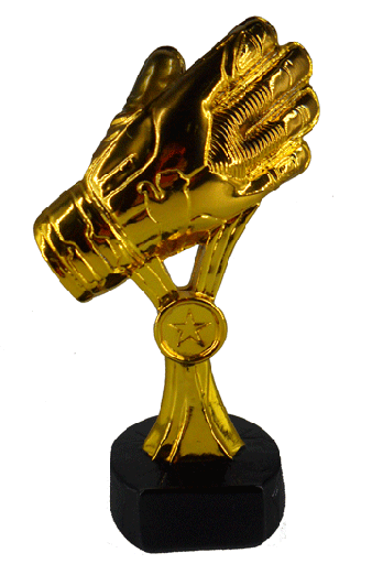[SY-12C] ESCULTURA S12C DE FÚTBOL - GUANTE DE ORO CON BASE COLOR NEGRO 12x8x21 cm., 356 gr.